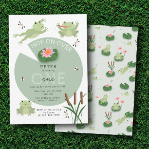 Cute Frogs in Lily Pond Hop On Over Kids Birthday Invitation