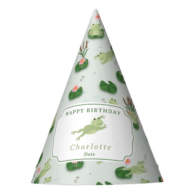 Cute Frogs in Lily Pond Kids Birthday Party Party Hat (Front)