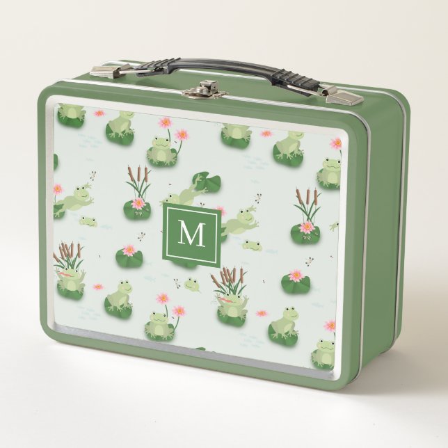Cute Frogs in Lily Pond Monogrammed Initial Metal Lunch Box (Front)