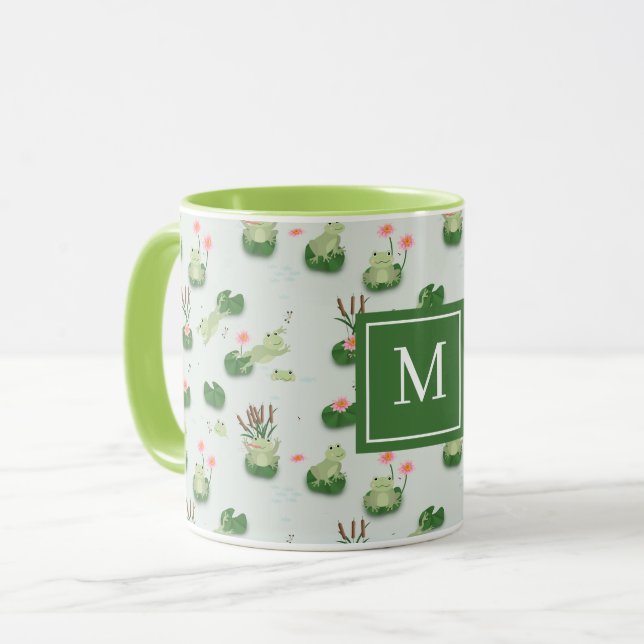 Cute Frogs in Lily Pond Monogrammed Initial Mug (Front Left)