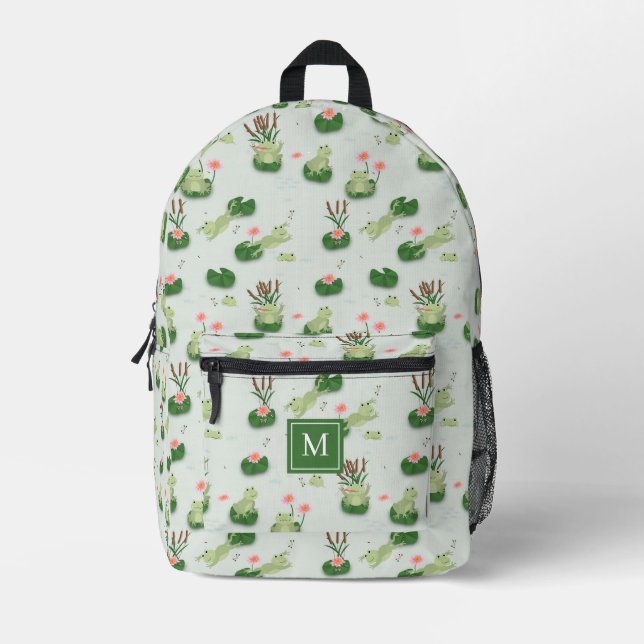 Cute Frogs in Lily Pond Monogrammed Initial Printed Backpack (Front)