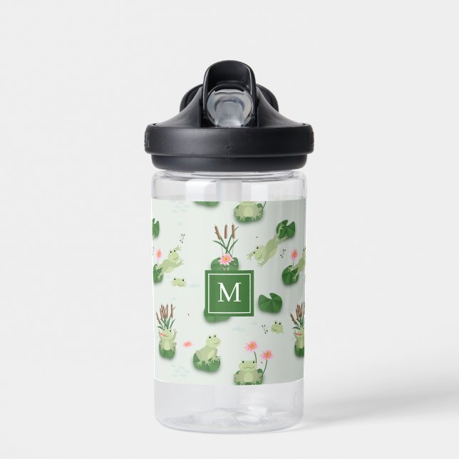 Cute Frogs in Lily Pond Monogrammed Initial Water Bottle (Front)