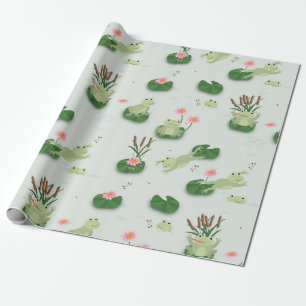 Cute Frogs in Lily Pond Wrapping Paper