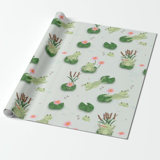Cute Frogs in Lily Pond Wrapping Paper (Unrolled)
