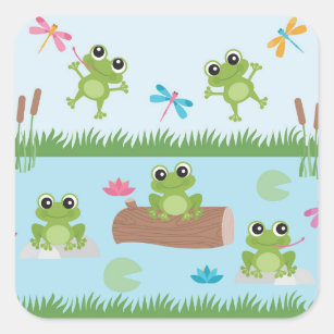 Cute Frogs in Pond Square Sticker