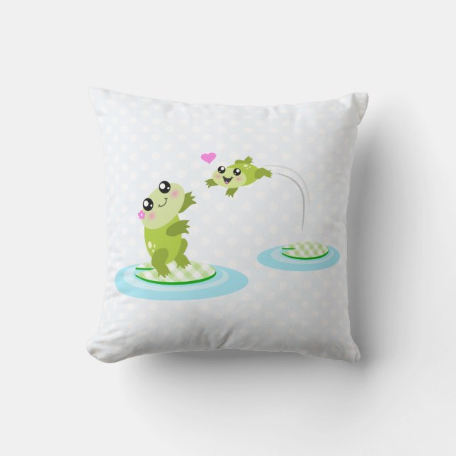Cute frogs - kawaii mum and baby frog cartoon cushion (Front)