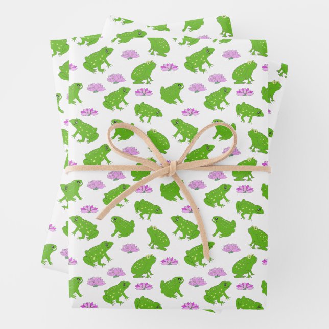 Cute Frogs Lily Pads Pink and Green Doodle Art  Wrapping Paper Sheet (In situ)