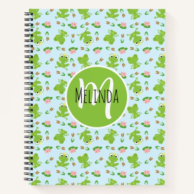 Cute Frogs Pattern on Bright Blue Notebook (Front)