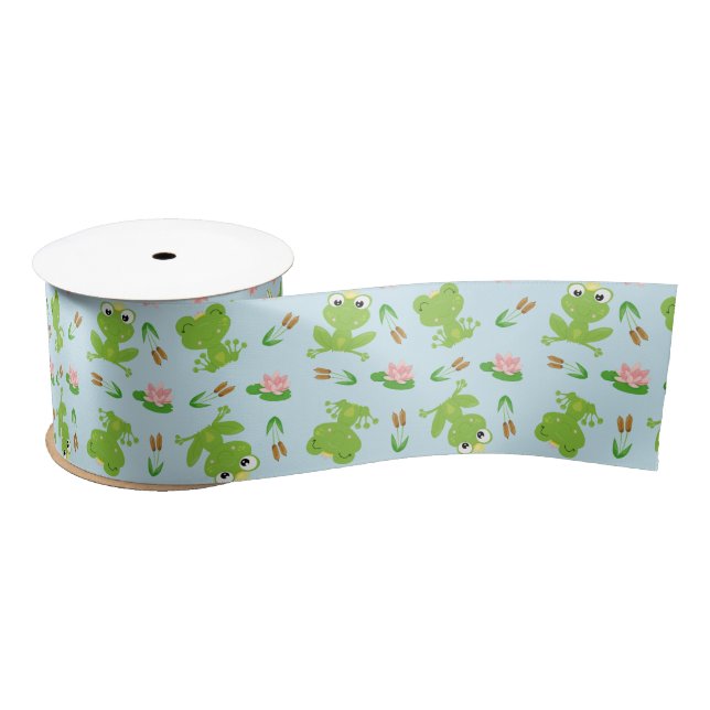 Cute Frogs Pattern on Bright Blue Satin Ribbon (Spool)