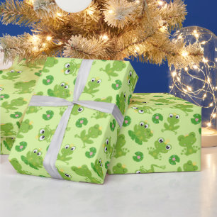 Cute Frogs Pattern on Bright Green Wrapping Paper