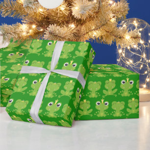 Cute Frogs Pattern on Dark Green Wrapping Paper