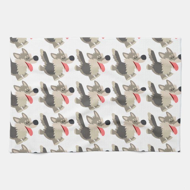 Cute Frolicsome Cartoon Wolf Kitchen Towel (Horizontal)