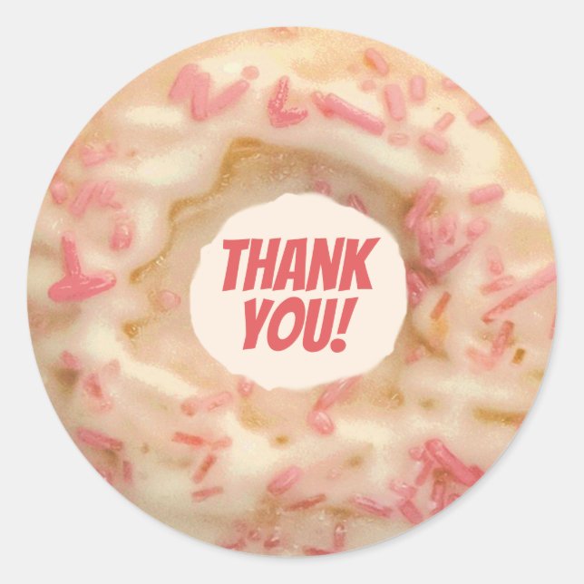 Cute Frosted Doughnut with Pink Sprinkles Thank Yo Classic Round Sticker (Front)