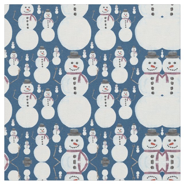 Cute Frosty Blue Snowman Watercolor Pattern Fabric (Close Up)