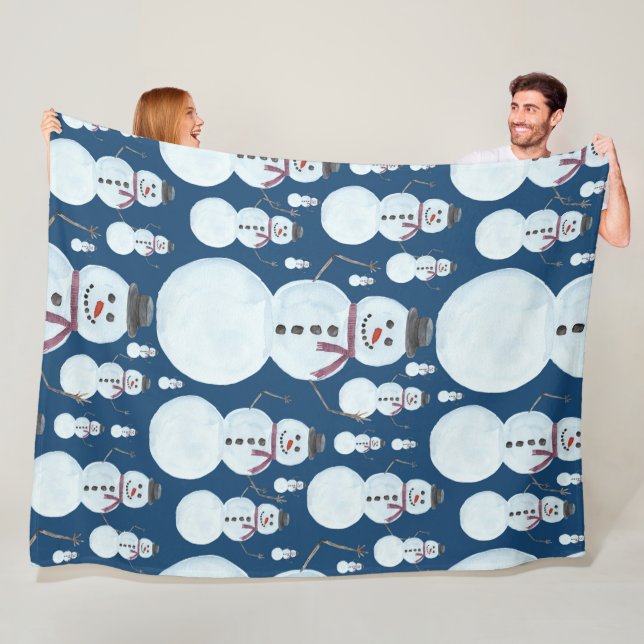 Cute Frosty Blue Snowman Watercolor Pattern Fleece Blanket (In Situ)