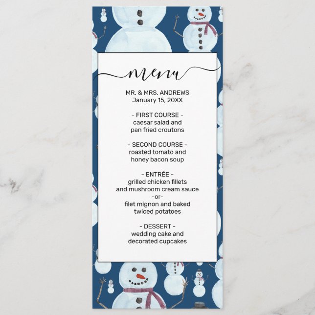 Cute Frosty Blue Snowman Watercolor Pattern Menu (Front)
