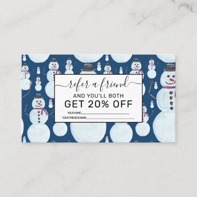 Cute Frosty Blue Snowman Watercolor Pattern Referral Card (Front)