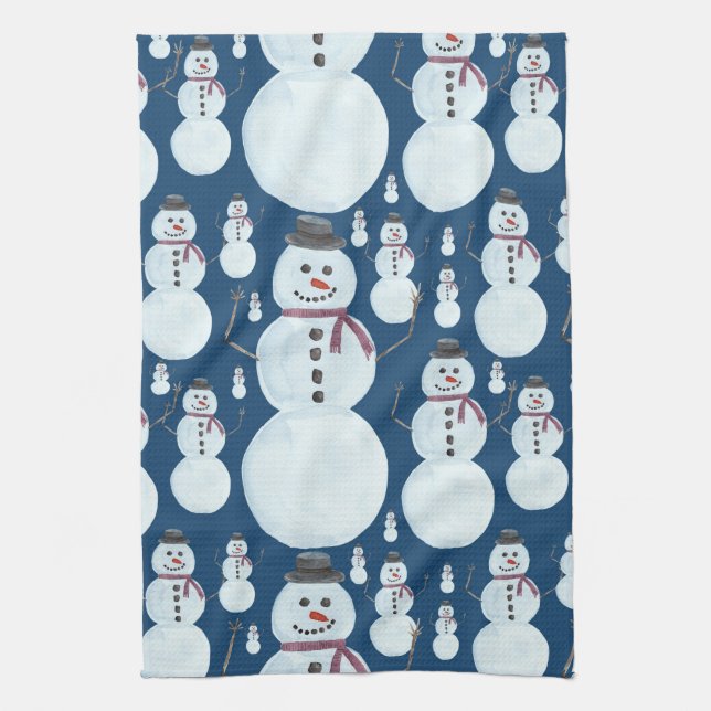 Cute Frosty Blue Snowman Watercolor Pattern Tea Towel (Vertical)
