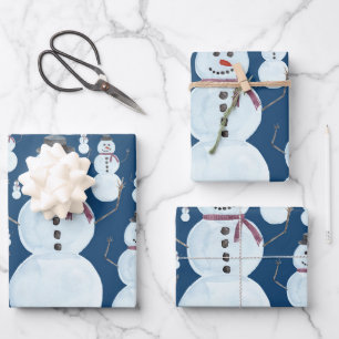 Cute Frosty Blue Snowman Watercolor Pattern Wrapping Paper Sheet