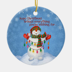 Cute Frosty Snowman Holding Christmas Lights Ceramic Ornament