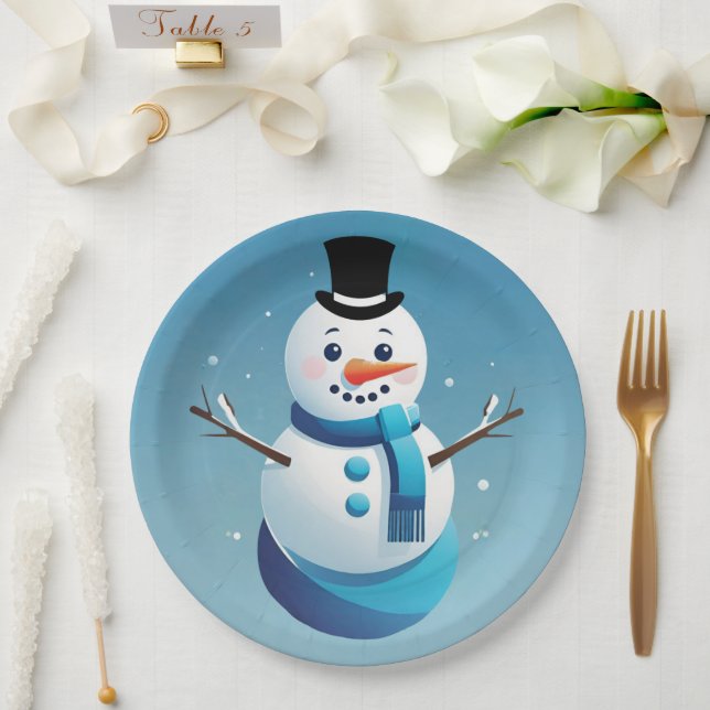 Cute Frosty Snowman Illustration Paper Plate (Wedding)