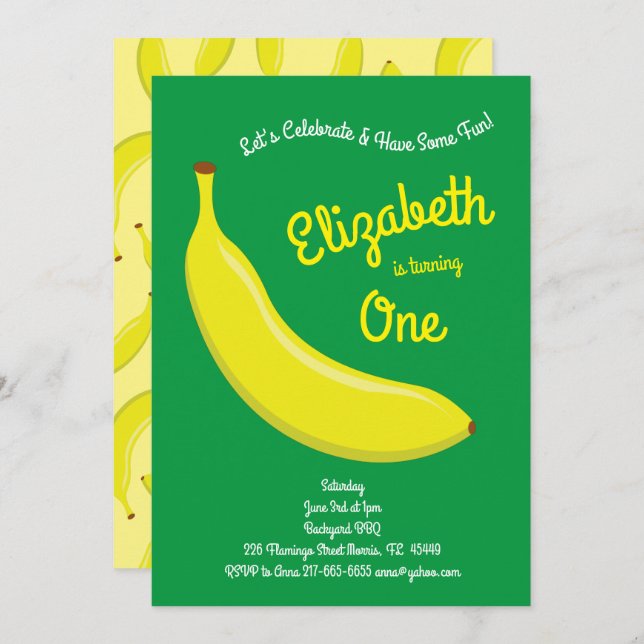 Cute Fruit Banana Kids 1st Birthday Party Invitation (Front/Back)