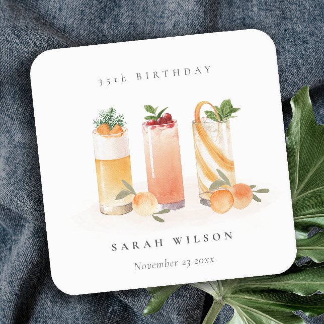 Cute Fruit Cocktail Orange Blush Any Age Birthday Square Paper Coaster (Creator Uploaded)