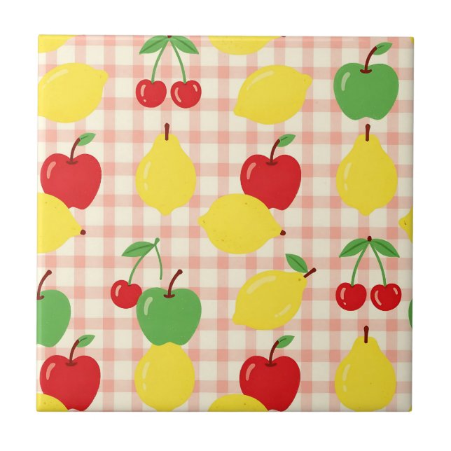 Cute Fruit Gingham Pattern Ceramic Tile (Front)