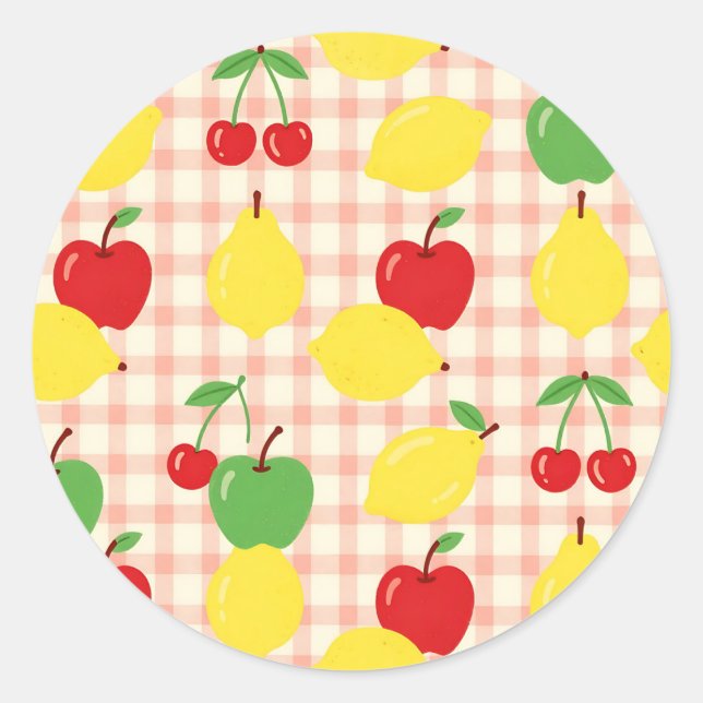 Cute Fruit Gingham Pattern Classic Round Sticker (Front)