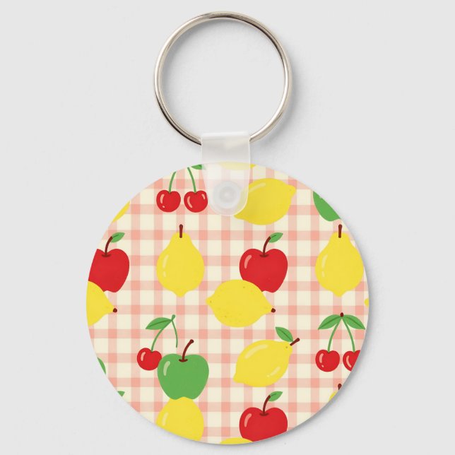 Cute Fruit Gingham Pattern Key Ring (Front)