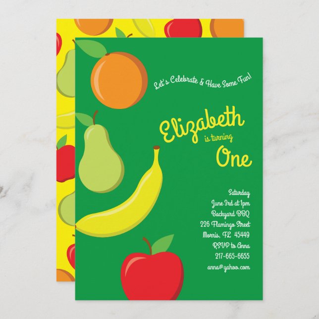 Cute Fruit Kids 1st Birthday Party Apple Banana Invitation (Front/Back)