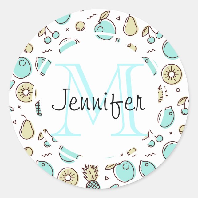 Cute Fruit Pattern Summery Line Drawing Monogram Classic Round Sticker (Front)