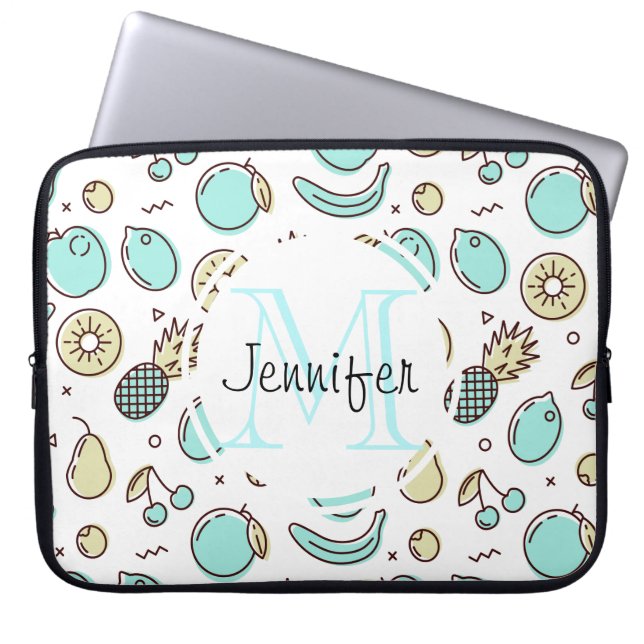 Cute Fruit Pattern Summery Line Drawing Monogram Laptop Sleeve (Front)