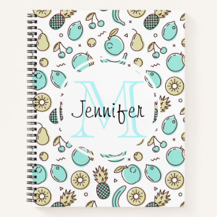 Cute Fruit Pattern Summery Line Drawing Monogram Notebook