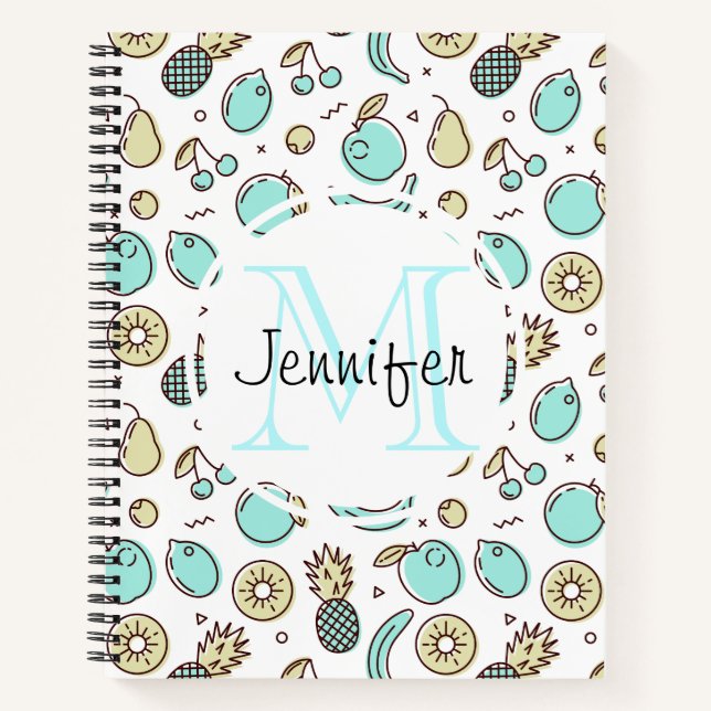 Cute Fruit Pattern Summery Line Drawing Monogram Notebook (Front)