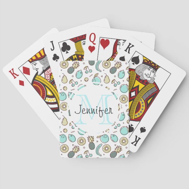 Cute Fruit Pattern Summery Line Drawing Monogram Playing Cards (Back)