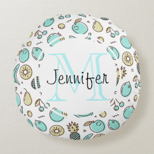 Cute Fruit Pattern Summery Line Drawing Monogram Round Cushion