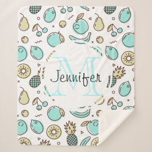 Cute Fruit Pattern Summery Line Drawing Monogram Sherpa Blanket
