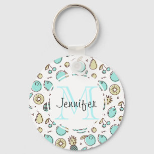 Cute Fruit Pattern Summery Themed Monogram Key Ring