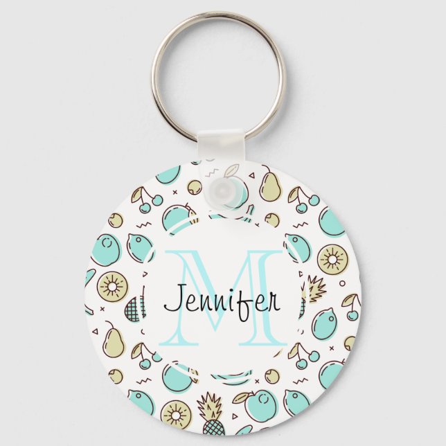 Cute Fruit Pattern Summery Themed Monogram Key Ring (Front)