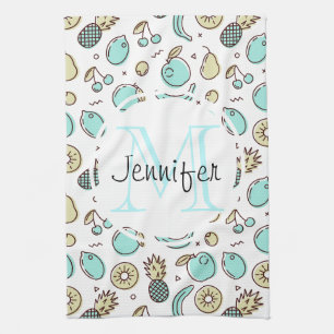 Cute Fruit Pattern Summery Themed Monogram Tea Towel