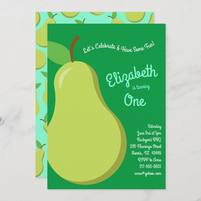 Cute Fruit Pears Kids 1st Birthday Party Invitation (Front/Back)
