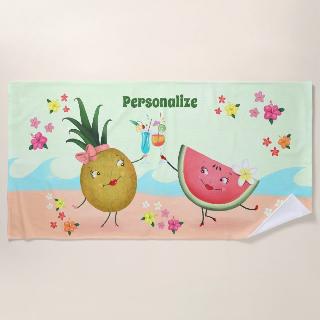 Cute Fruit Pineapple and Watermelon Personalised Beach Towel (Front)