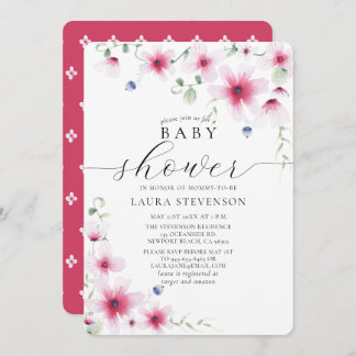 Cute Fuchsia Pink Watercolor Whimsical Flowers Invitation