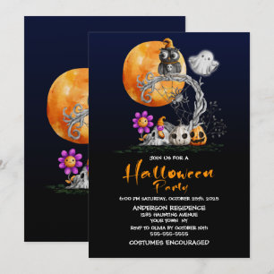 Cute Full Moon Owl Halloween Invitation