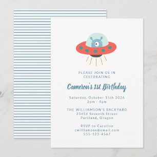 Cute Fun Alien Spaceship 1st Birthday Party Invitation