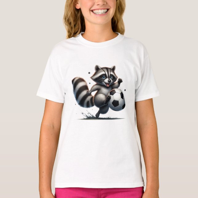Cute Fun Animal Humour Racoon Playing Soccer T-Shirt (Front)
