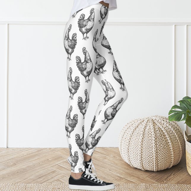 Cute Fun Black and White Sketch Chicken Hen Leggings (Creator Uploaded)