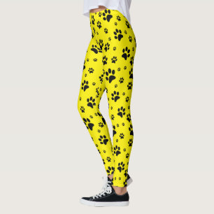 Cute Fun Black on Bright Yellow Paw Prints Leggings