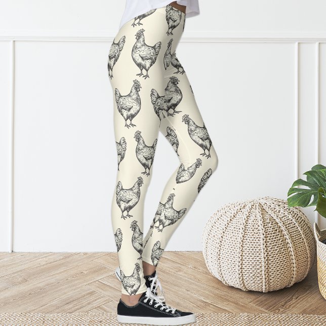 Cute Fun Black Pastel Yellow Sketch Chicken Hen Leggings (Creator Uploaded)